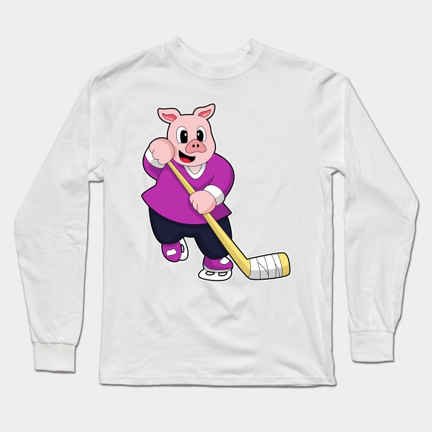 Pig at Ice hockey with Ice hockey stick Long Sleeve T-Shirt by Markus Schnabel